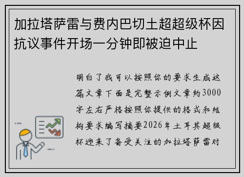 加拉塔萨雷与费内巴切土超超级杯因抗议事件开场一分钟即被迫中止 加拉塔萨雷与费内巴切土超超级杯因抗议事件开场一分钟即被迫中止